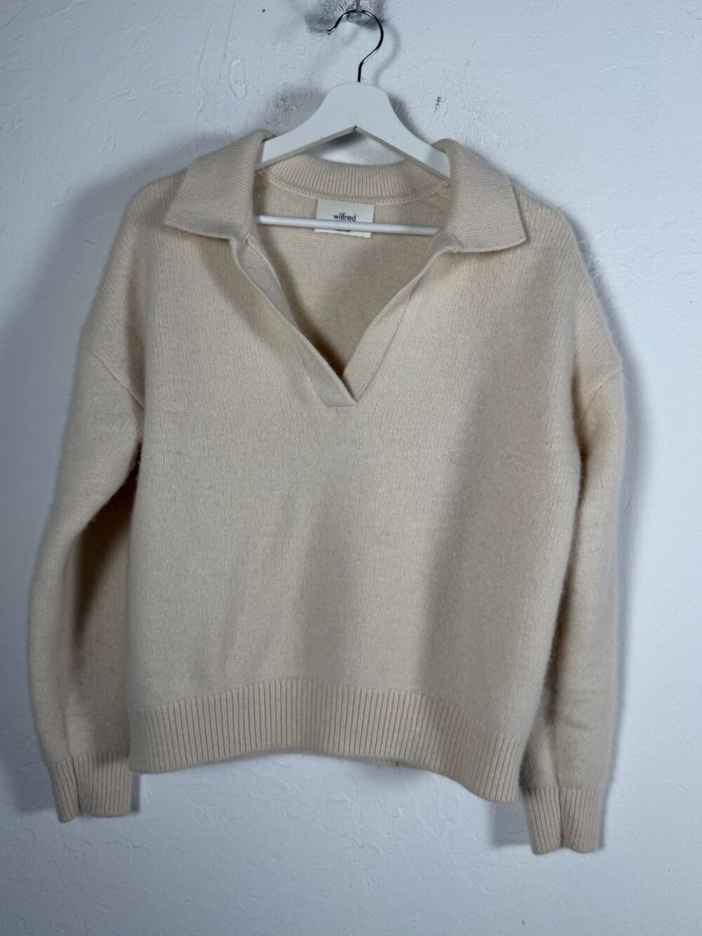 Wilfred Aritzia Womens Beige Cashmere Knit Collared Pullover Polo Sweater Medium